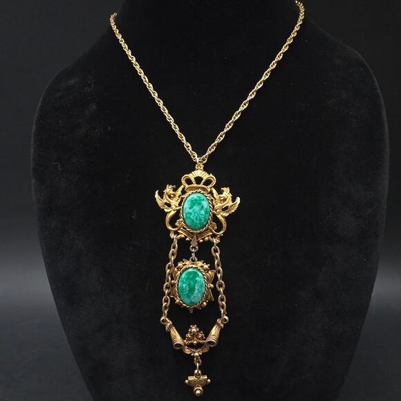 Green Mottled Glass Necklace Dragons Gold Tone Vintage Statement - Picture 9 of 10